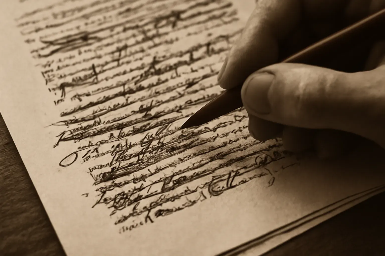 Duotone photo of marked-up proofs with visible red-pen correction